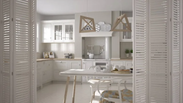 白色折叠门打开模糊的斯堪的纳维亚经典厨房与餐桌和椅子 室内设计 建筑师设计师的概念 模糊的背景 — 图库照片