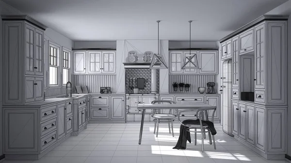 Unfinished project draft of scandinavian classic kitchen with dining table and chairs, windows and morning light, vintage cooker and pendant lamps, minimalist interior design sketch