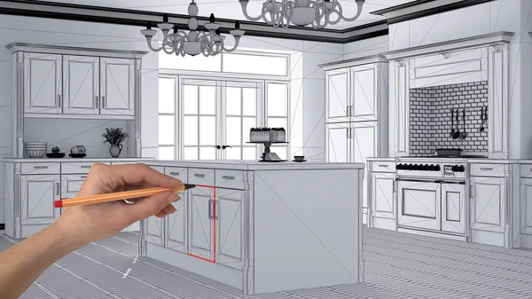 インテリア デザイン プロジェクトのコンセプト 図面のカスタム アーキテクチャでは 黒と白インク スケッチを手 青写真の古典的なヴィンテージ高級キッチンを見せて 島のシャンデリア ペンダント — ストック写真