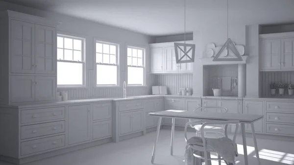 全白项目的斯堪的纳维亚经典厨房与餐桌和椅子 窗户和晨光 老式炊具和吊灯 简约的室内设计 — 图库照片