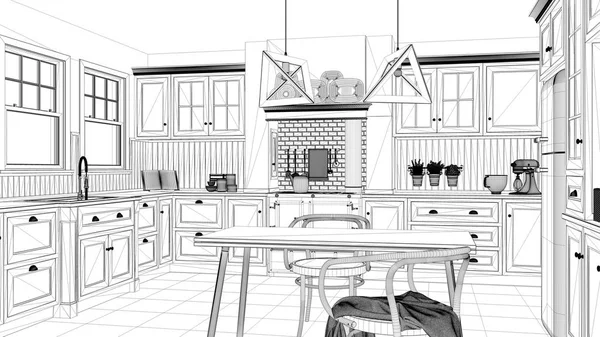 Проект Интерьера Черно Белый Чернильный Набросок Архитектурный Чертеж Классическая Кухня — стоковое фото