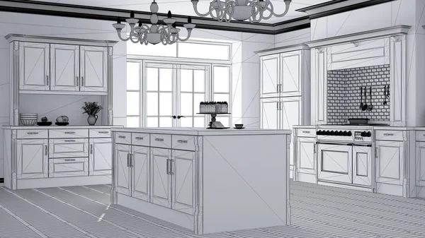 Unfinished project draft of classic vintage luxury kitchen, island with two big chandeliers pendant lamps and big window, contemporary architecture interior design
