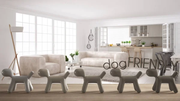 Wooden table top or shelf with line of stylized dogs, dog friendly concept, love for animals, animal dog proof home, scandinavian white living room with kitchen, cool interior design