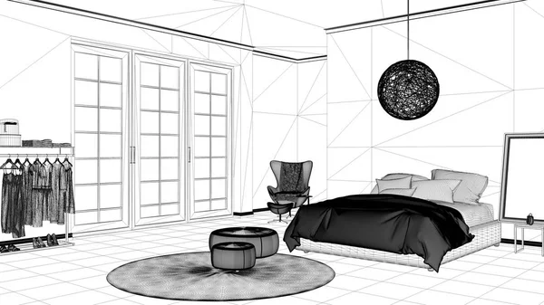 インテリア デザイン プロジェクト 黒と白インク スケッチ 木製の寄せ木張りの床 パノラマ ビューの窓 カーペット ベッド — ストック写真