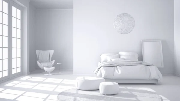 木製の寄せ木張りの床 パノラマ ビューの窓 カーペット 肘掛け椅子 ベッドの毛布 ミニマルなインテリア デザインと快適なモダンなベッドルームの合計白プロジェクト — ストック写真