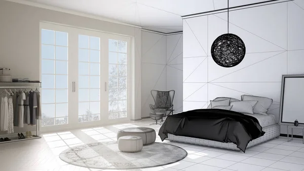 Незавершенный Проект Комфортабельная Современная Спальня Деревянным Паркетным Полом Панорамное Окно — стоковое фото