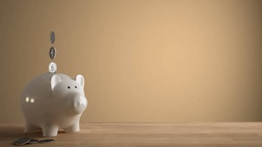 Ahşap masa üstü veya paralar ile beyaz piggy banka ile raf, gelecekteki yatırımlar, kavram fikir ile portakal için para tasarrufu renkli kopya alanı ile arka plan şablonu