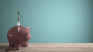 Ahşap masa üstü veya paralar ile beyaz piggy banka ile raf, gelecekteki yatırımlar, turkuaz fikirle kavramı için para tasarrufu renkli kopya alanı ile arka plan şablonu