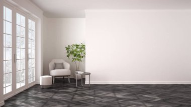 Büyük panoramik penceresi, koltuk, kabarık, tablo ve saksı bitki boş beyaz iç. Kirişli parke zemin, klasik çağdaş tasarım, konsept fikir kopya alan arka plan ile
