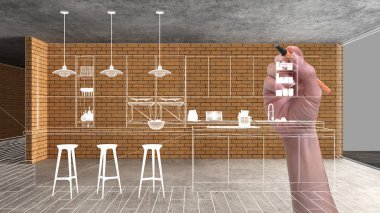 Ev yenileme, ev geliştirme kavramı arka plan, yapım aşamasında el çizimi özel mimarisi, beyaz kroki, plan gösteren modern mutfak ile iç tasarım