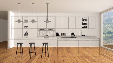 Boş beyaz iç parke zemin ve büyük panoramik penceresinde özel mimari tasarım proje, siyah mürekkep kroki, plan gösteren modern mutfak