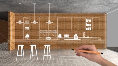 Ev yenileme, ev geliştirme kavramı arka plan, yapım aşamasında el çizimi özel mimarisi, beyaz kroki, plan gösteren modern mutfak ile iç tasarım