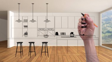 Parke zemin ve büyük panoramik penceresine beyaz iç boş, çizim özel mimari tasarım, siyah mürekkep kroki, plan gösteren modern mutfak el