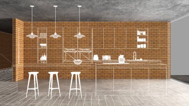 Ev yenileme, ev geliştirme konsepti, inşaat altında iç tasarım, özel mimari tasarım projesi, beyaz mürekkep taslağı, modern mutfağı gösteren plan.