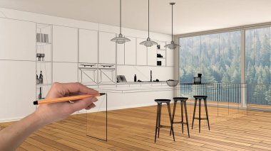 Parke zemin ve büyük panoramik penceresine beyaz iç boş, çizim özel mimari tasarım, siyah mürekkep kroki, plan gösteren modern mutfak el