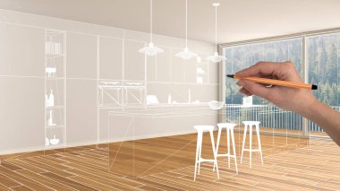 Parke zemin ve büyük panoramik penceresine beyaz iç boş, çizim özel mimari tasarım, beyaz mürekkep kroki, plan gösteren modern mutfak el