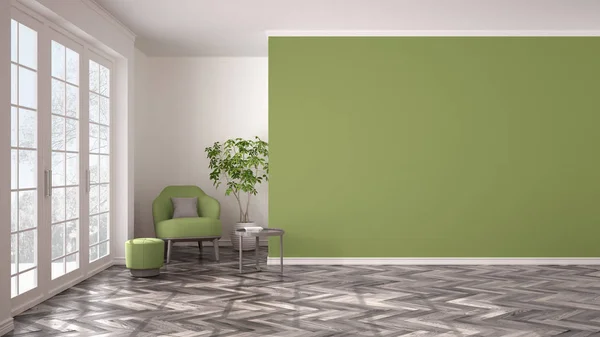 Interior Branco Verde Vazio Com Grande Janela Panorâmica Poltrona Pufe — Fotografia de Stock