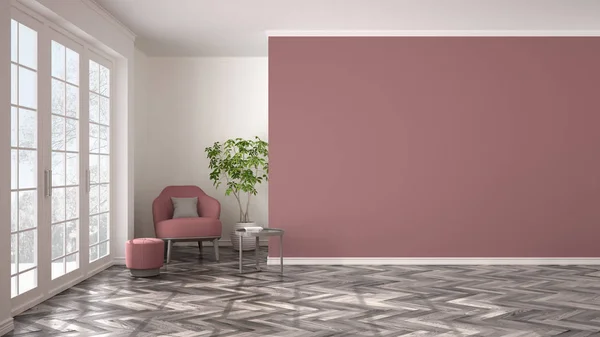 Empty white and pink interior with big panoramic window, armchair, pouf, table and plant. Herringbone parquet floor, classic contemporary design, concept idea, copy space background
