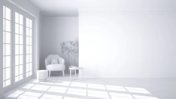 Fehér Projekt Teljes Üres Belső Nagy Panoráma Ablakkal Fotel Asztallal — Stock Fotó