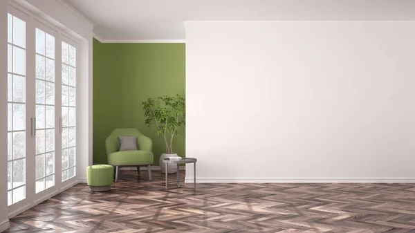 Empty white and green interior with big panoramic window, armchair, pouf, table and plant. Herringbone parquet floor, classic contemporary design, concept idea, copy space background