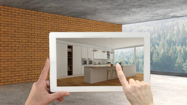 拡張現実感の概念 島と近代的なキッチン内装工事サイトで家具やデザインの製品をシミュレートするために使用される アプリケーションと手持ち株タブレット — ストック写真