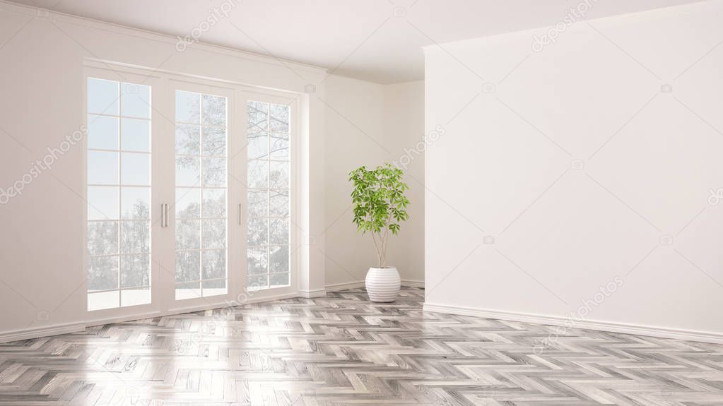 Empty white interior with big panoramic window, winter panorama with snow and tree, herringbone parquet floor, classic contemporary design, concept idea, copy space blank background