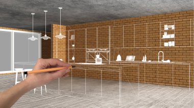 Ev yenileme, ev geliştirme kavramı arka plan, yapım aşamasında el çizimi özel mimarisi, beyaz kroki, plan gösteren modern mutfak ile iç tasarım