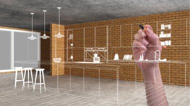 Ev yenileme, ev geliştirme kavramı arka plan, yapım aşamasında el çizimi özel mimarisi, beyaz kroki, plan gösteren modern mutfak ile iç tasarım
