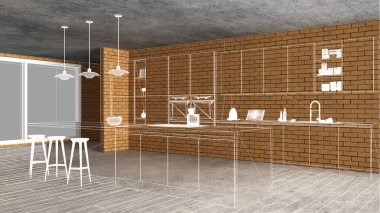 Ev yenileme, ev geliştirme konsepti, inşaat altında iç tasarım, özel mimari tasarım projesi, beyaz mürekkep taslağı, modern mutfağı gösteren plan.