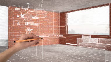 Ev yenileme, ev geliştirme kavramı arka plan, yapım aşamasında el çizimi özel mimarisi, beyaz kroki, plan gösteren modern mutfak ile iç tasarım