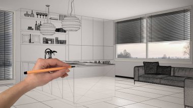 Beyaz iç mermer zemin ve büyük panoramik penceresinde boş, çizim özel mimari tasarım, siyah mürekkep kroki, plan gösteren modern mutfak el