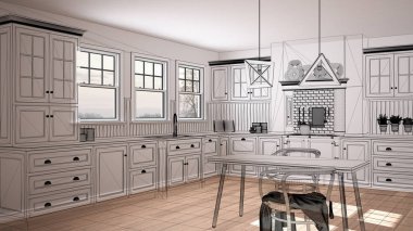 Boş beyaz iç parke zemin ve büyük panoramik penceresinde, proje, siyah mürekkep kroki, blueprint klasik mutfak gösterilen özel mimari tasarım