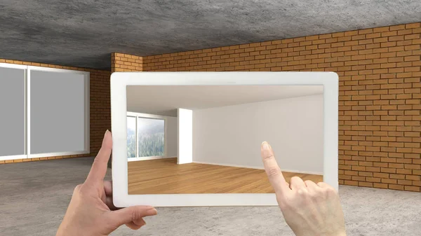 Augmented reality concept. Hand holding tablet with AR application used to simulate furniture and design products in an interior construction site, empty interior with panoramic window