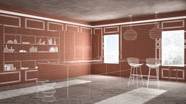 Ev yenileme, ev geliştirme kavramı arka plan, iç tasarım altında inşaat, özel mimari tasarım projesi, beyaz mürekkep kroki, minimalist mutfak gösterilen blueprint