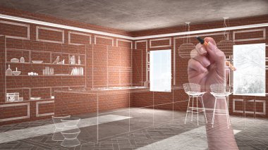 Ev yenileme, ev geliştirme kavramı arka plan, yapım aşamasında el çizimi özel mimarisi, beyaz kroki, plan gösteren modern mutfak ile iç tasarım