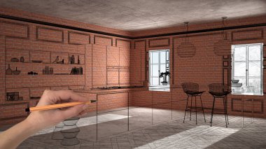 Ev yenileme, ev geliştirme kavramı arka plan, yapım aşamasında el çizimi özel mimarisi, siyah kroki, plan gösteren modern mutfak ile iç tasarım
