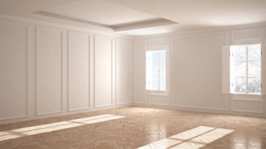 Boş Oda Dekorasyon, alçı ile açık alan kalıp duvarları, vintage Victoria tarzı, ahşap parke zemin, klasik çağdaş mimari