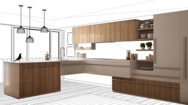 İnşaat taslak, konsept iç tasarım kroki, plan arka plan, mimar ve tasarımcı fikir ile gerçek beyaz ve ahşap Mutfak altında tamamlanmamış proje