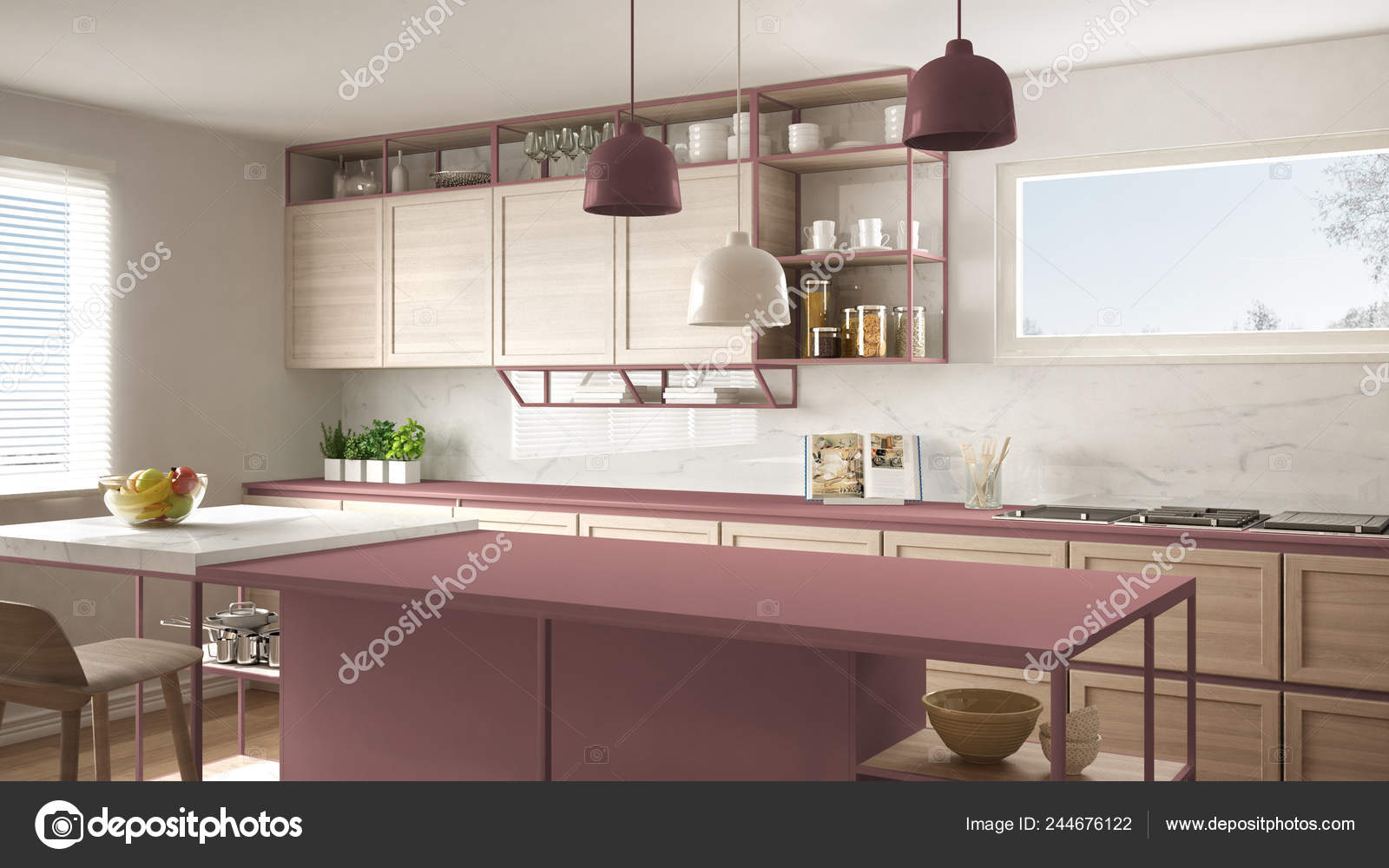 Modern White Red Kitchen Wooden Details Parquet Floor Modern