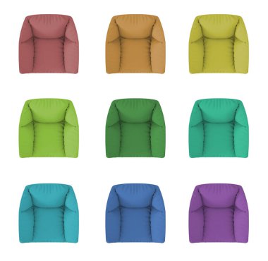 9 modern siyah beyaz ve renkli koltuk kümesi, yukarıda, planı, beyaz arka plan üzerinde izole üst görüntülemek, çağdaş mobilya kavramı fikir, mock-up şablonu