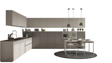 Kopya alanı, minimalist mobilyaları ile boş arka plan üzerinde izole Modern beyaz ve gri mutfak yemek masası ve sandalyeler, iç tasarım konsepti fikir,