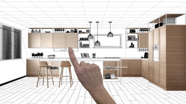 İnşaat taslak, konsept iç tasarım kroki, plan arka plan, mimar ve tasarımcı fikir ile el işaret gerçek ahşap Mutfak altında tamamlanmamış proje