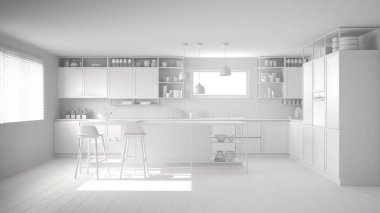 Mutfak ahşap detayları ve parke zemin, modern kolye lamba, minimalist iç tasarım konsepti fikir, dışkı ve aksesuarları ile ada ile toplam beyaz proje