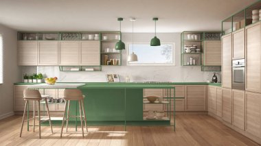 Ahşap detayları ve parke zemin, modern kolye lamba, minimalist iç tasarım konsepti fikir, dışkı ve aksesuarları ile ada modern beyaz ve yeşil mutfak