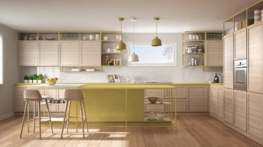 Ahşap detayları ve parke zemin, modern kolye lamba, minimalist iç tasarım konsepti fikir, dışkı ve aksesuarları ile ada modern beyaz ve sarı mutfak