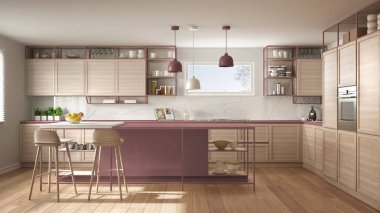 Ahşap detayları ve parke zemin, modern kolye lamba, minimalist iç tasarım konsepti fikir, dışkı ve aksesuarları ile ada modern beyaz ve kırmızı mutfak