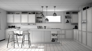 Mutfak ahşap detayları ve parke zemin, modern kolye lambalar, minimalist iç tasarım konsepti fikir, dışkı ve aksesuarları ile ada tamamlanmamış proje taslağı