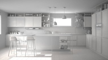 Mutfak ahşap detayları ve parke zemin, modern kolye lamba, minimalist iç tasarım konsepti fikir, dışkı ve aksesuarları ile ada ile toplam beyaz proje