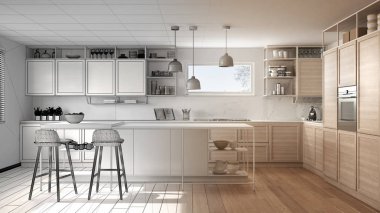 Mimar iç tasarım konsepti: gerçek olur tamamlanmamış proje, ahşap detayları ve parke zemin, minimalist tasarım fikri, mutfak ada dışkı ile