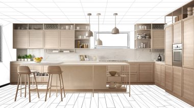 İç tasarım projesi taslak, yapım aşamasında kavram fikir, çok modern beyaz ve ahşap mutfak arka planda kabataslak, mimar tasarımcı proje masaüstü ekran-shot